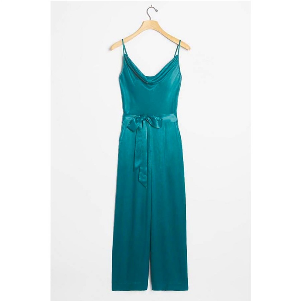 Anthropologie Alizia Cowl Neck Teal Satin Jumpsuit